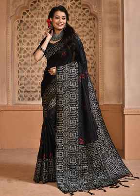 Black Spun Silk Saree With Blouse Piece