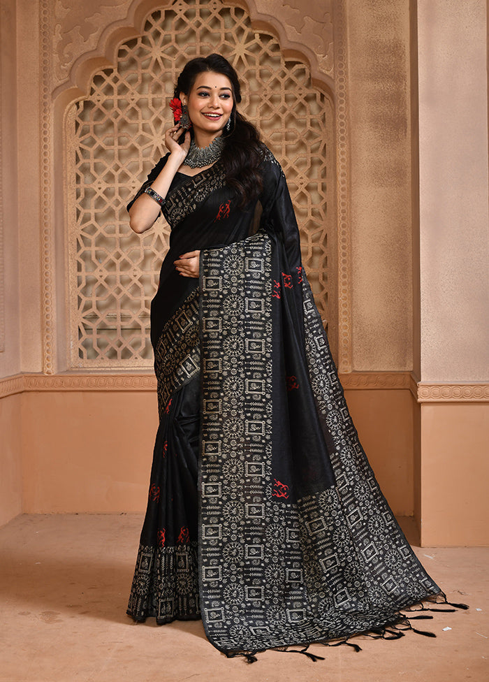 Black Spun Silk Saree With Blouse Piece