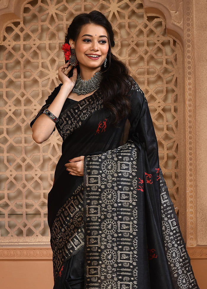 Black Spun Silk Saree With Blouse Piece