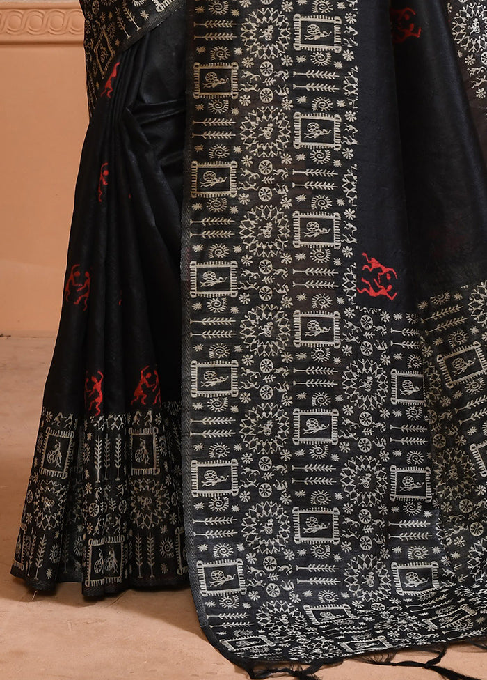 Black Spun Silk Saree With Blouse Piece