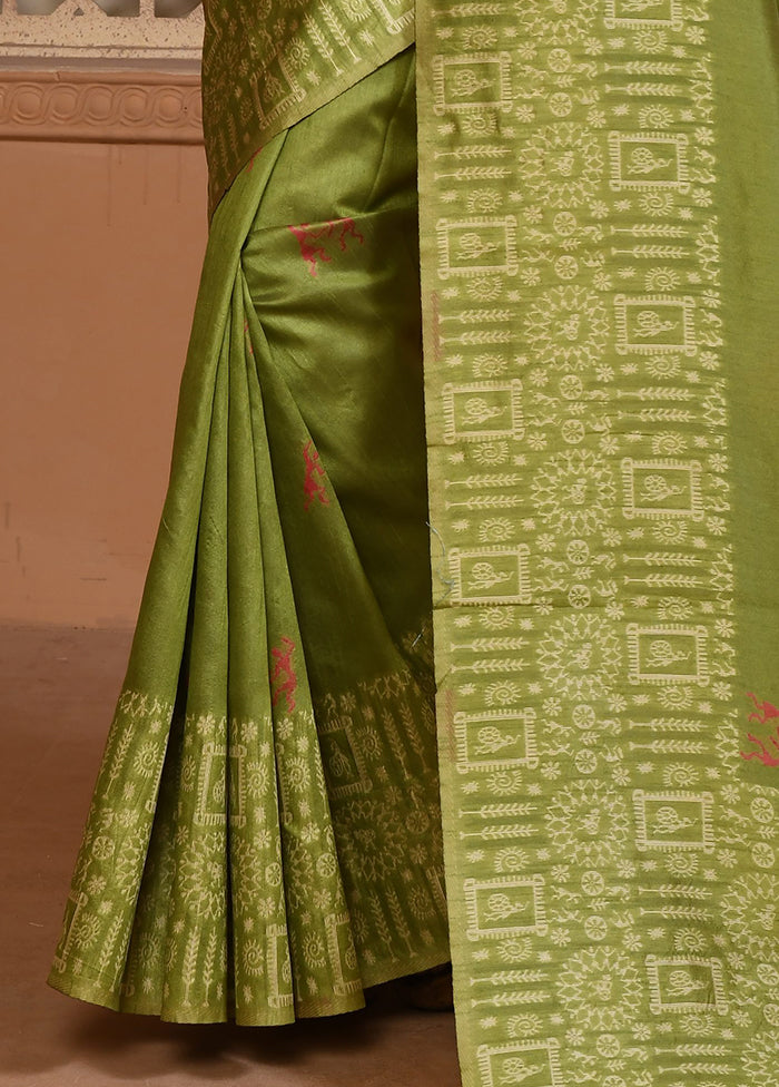 Green Spun Silk Saree With Blouse Piece