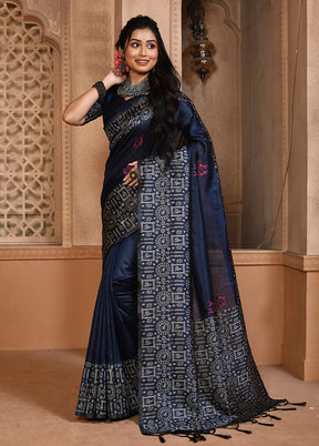 Navy Blue Spun Silk Saree With Blouse Piece