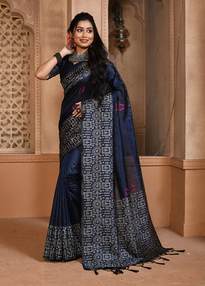 Navy Blue Spun Silk Saree With Blouse Piece