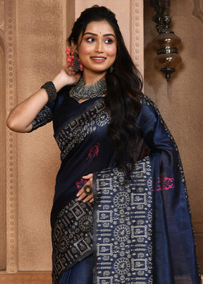 Navy Blue Spun Silk Saree With Blouse Piece