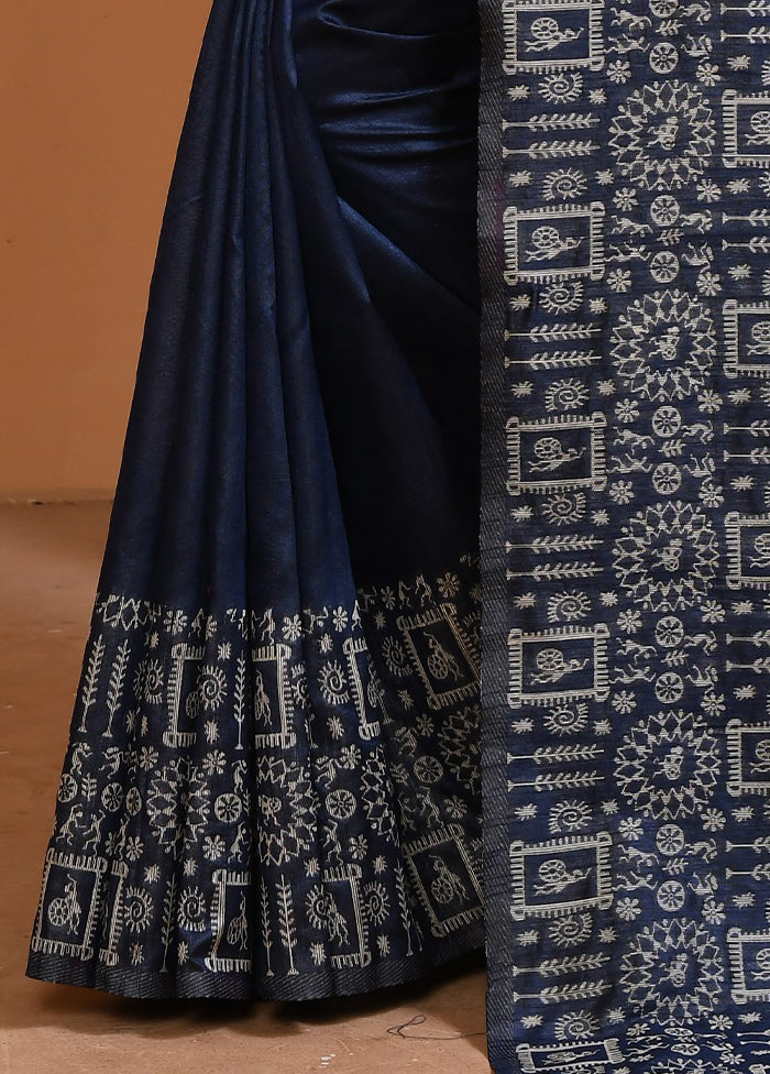 Navy Blue Spun Silk Saree With Blouse Piece