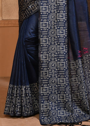 Navy Blue Spun Silk Saree With Blouse Piece