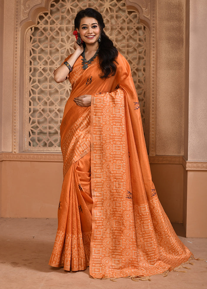 Orange Spun Silk Saree With Blouse Piece