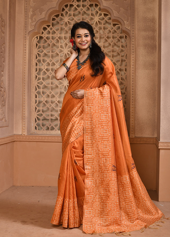 Orange Spun Silk Saree With Blouse Piece