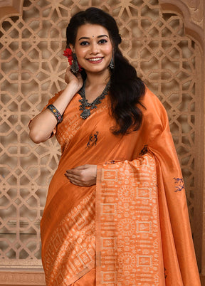 Orange Spun Silk Saree With Blouse Piece