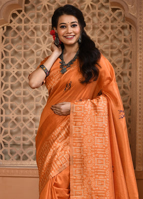 Orange Spun Silk Saree With Blouse Piece