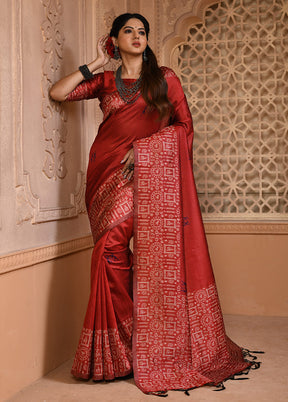 Red Spun Silk Saree With Blouse Piece