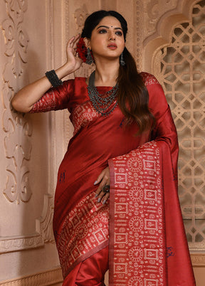 Red Spun Silk Saree With Blouse Piece