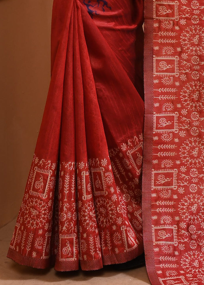 Red Spun Silk Saree With Blouse Piece