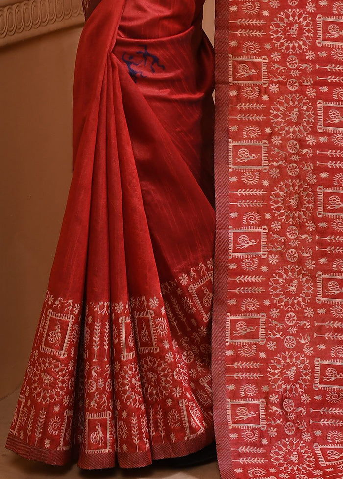 Red Spun Silk Saree With Blouse Piece