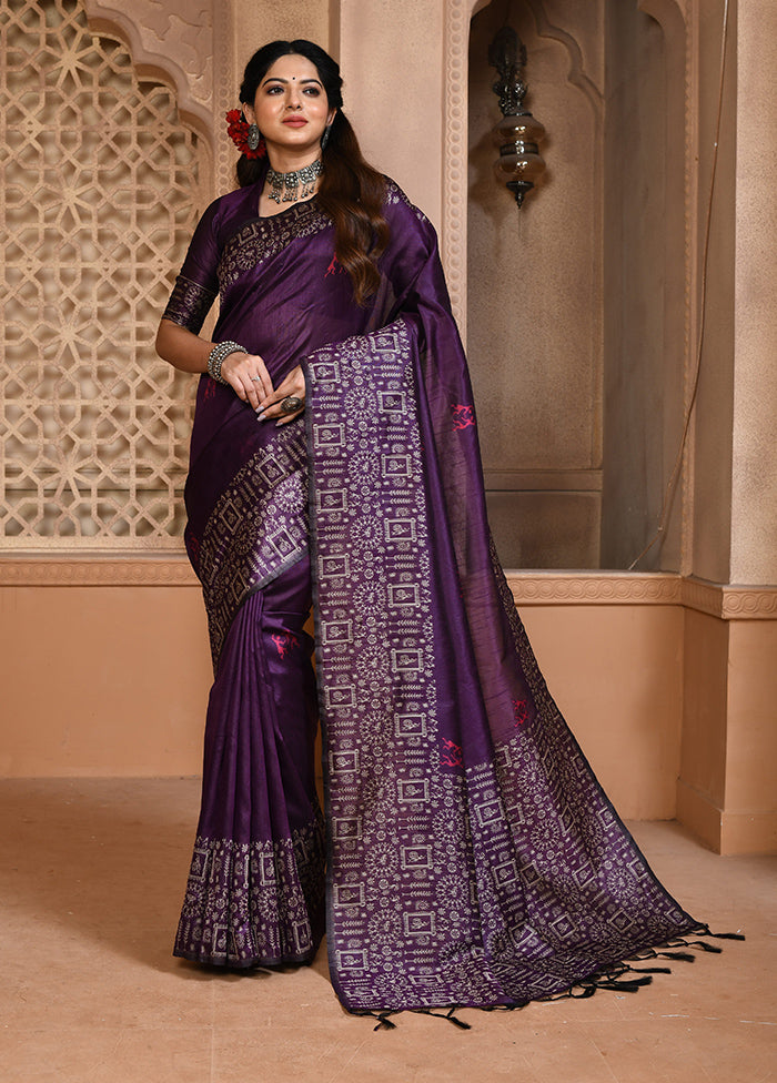 Purple Spun Silk Saree With Blouse Piece