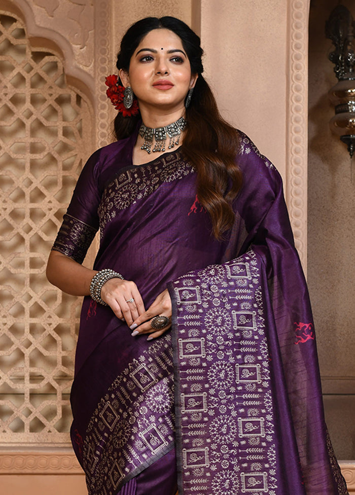 Purple Spun Silk Saree With Blouse Piece