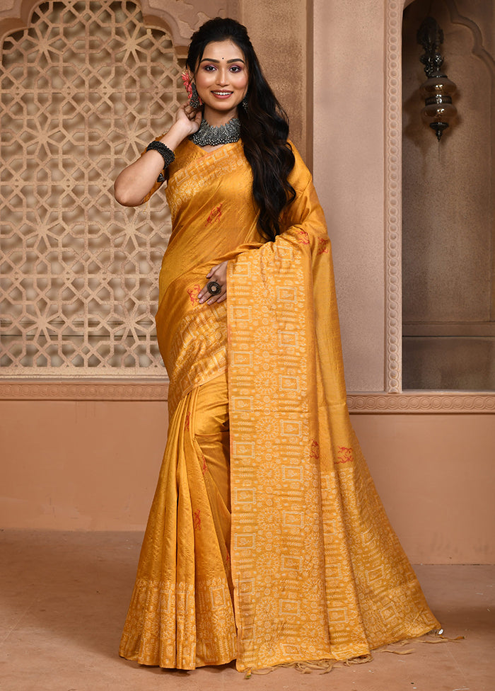 Mustard Spun Silk Saree With Blouse Piece