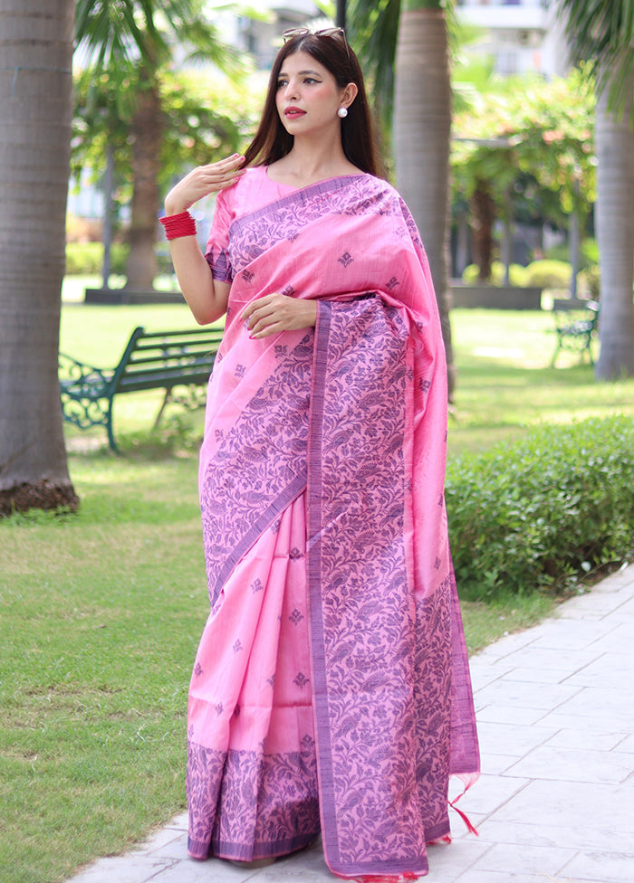 Baby Pink Spun Silk Saree With Blouse Piece