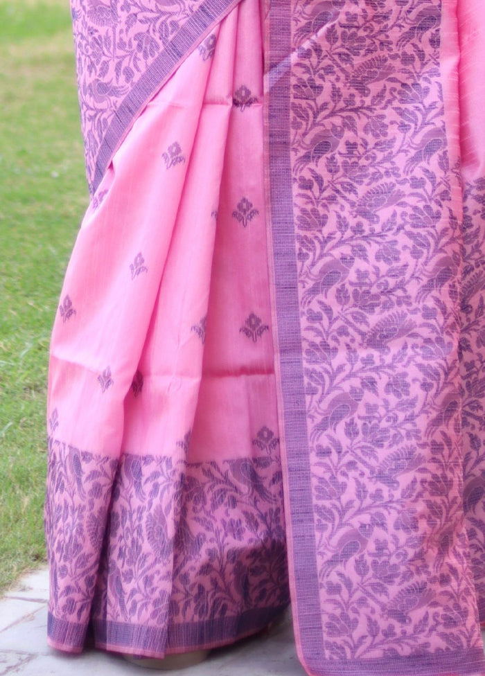 Baby Pink Spun Silk Saree With Blouse Piece