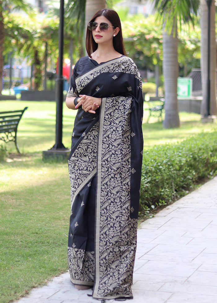 Black Spun Silk Saree With Blouse Piece