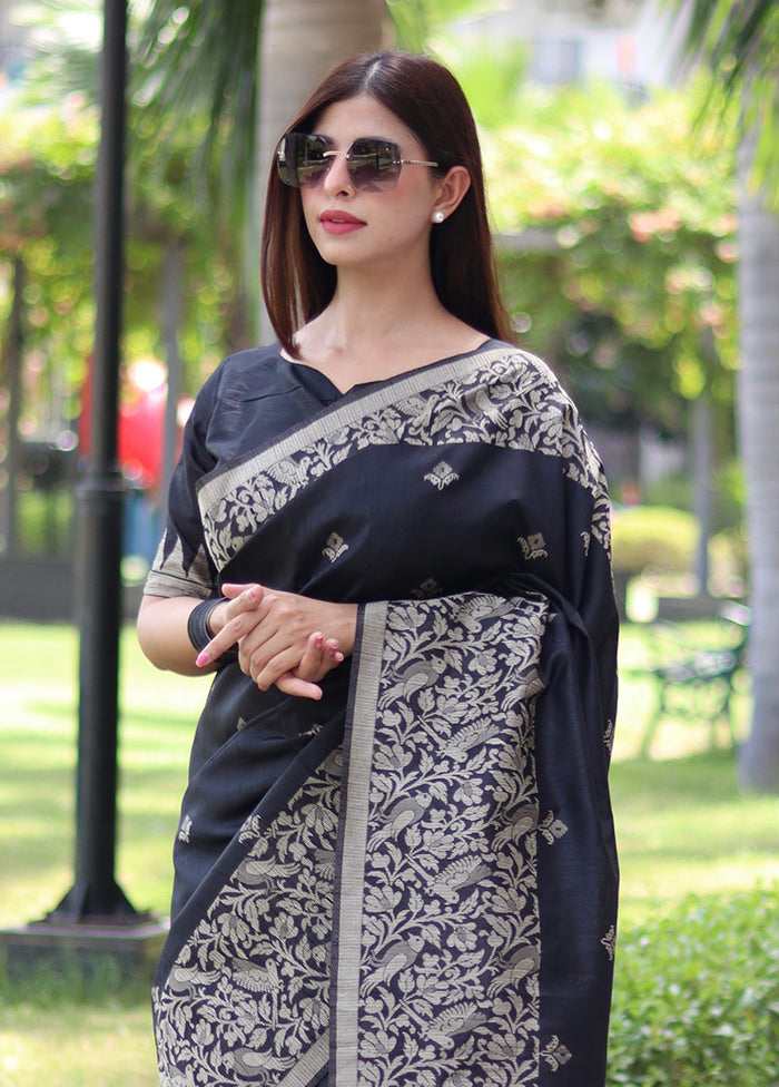 Black Spun Silk Saree With Blouse Piece