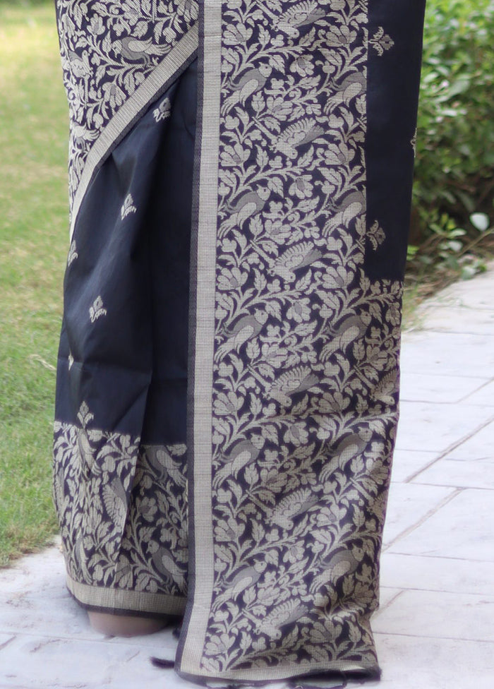 Black Spun Silk Saree With Blouse Piece