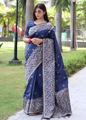 Navy Blue Spun Silk Saree With Blouse Piece