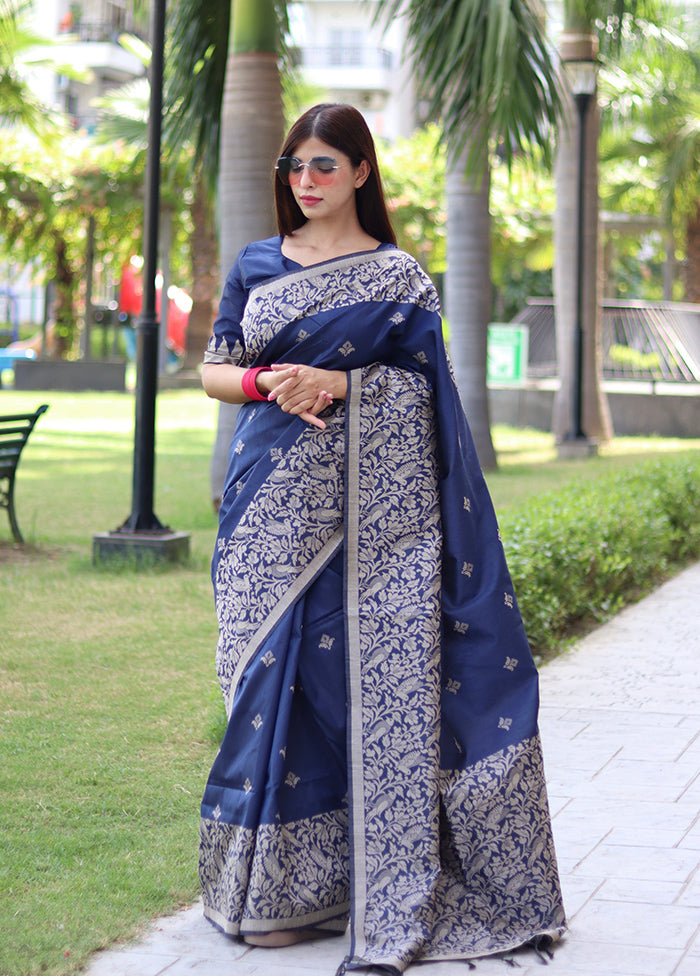 Navy Blue Spun Silk Saree With Blouse Piece