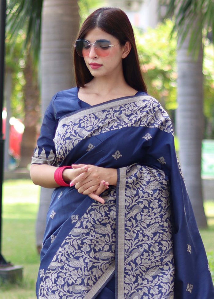 Navy Blue Spun Silk Saree With Blouse Piece