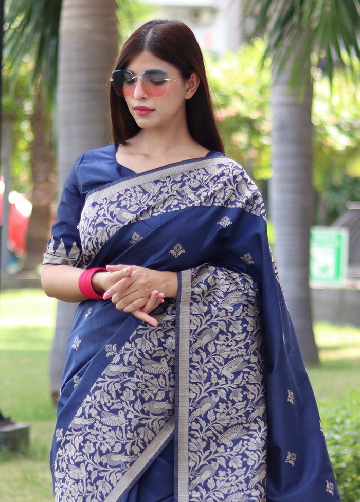 Navy Blue Spun Silk Saree With Blouse Piece