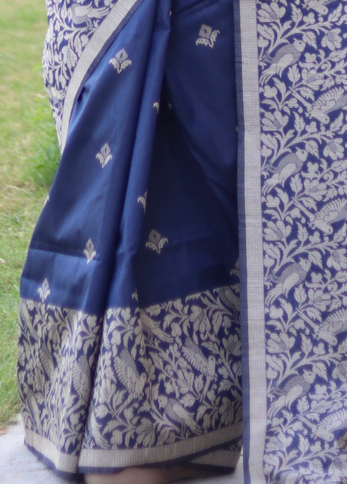 Navy Blue Spun Silk Saree With Blouse Piece