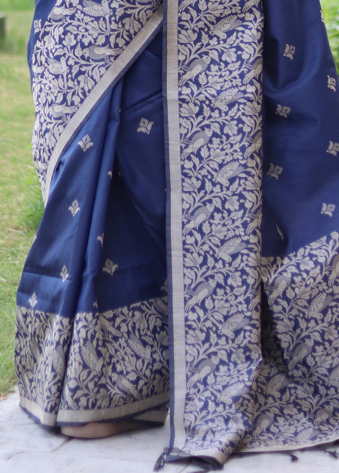 Navy Blue Spun Silk Saree With Blouse Piece