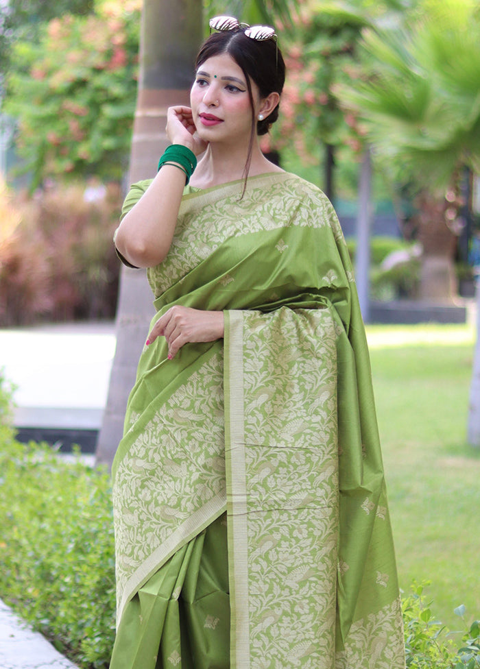 Mehendi Spun Silk Saree With Blouse Piece