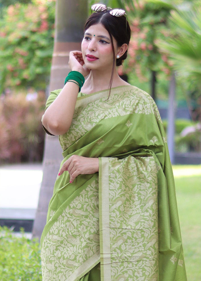 Mehendi Spun Silk Saree With Blouse Piece