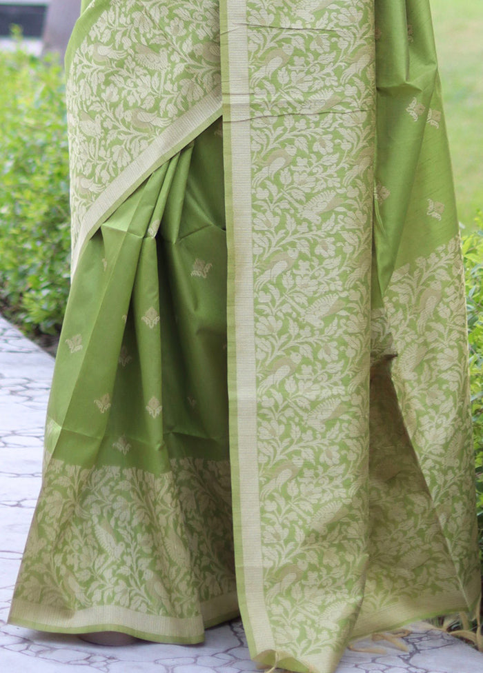 Mehendi Spun Silk Saree With Blouse Piece