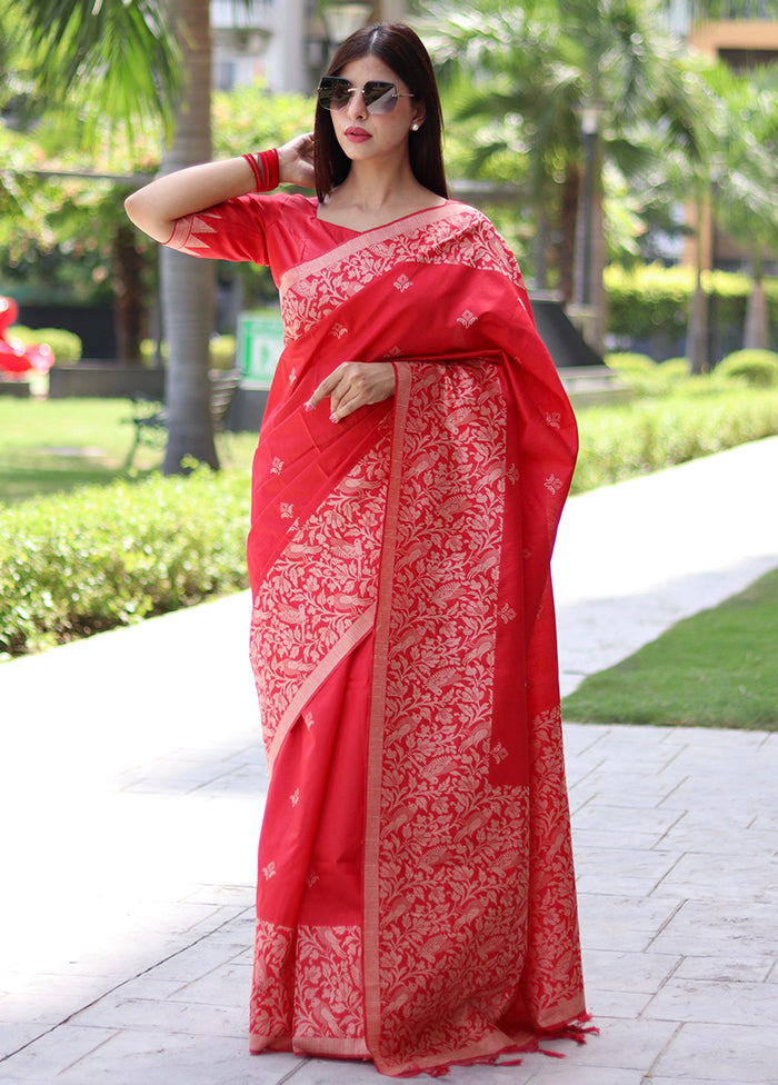 Red Spun Silk Saree With Blouse Piece