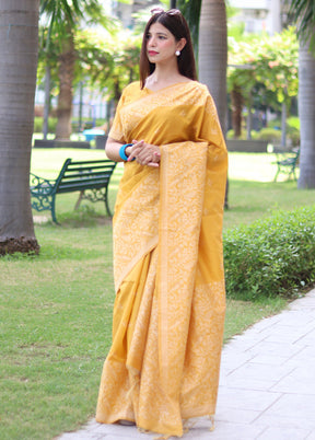 Yellow Spun Silk Saree With Blouse Piece