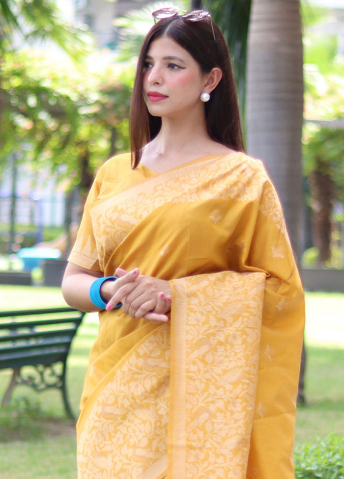 Yellow Spun Silk Saree With Blouse Piece