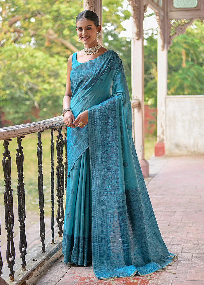 Sky Blue Spun Silk Saree With Blouse Piece