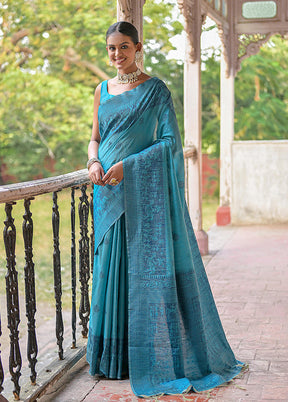 Sky Blue Spun Silk Saree With Blouse Piece