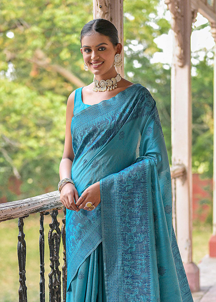 Sky Blue Spun Silk Saree With Blouse Piece