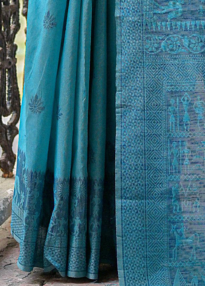 Sky Blue Spun Silk Saree With Blouse Piece