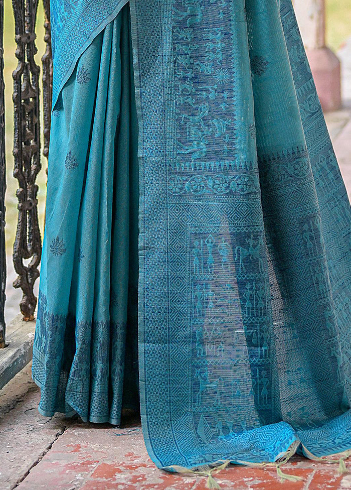 Sky Blue Spun Silk Saree With Blouse Piece