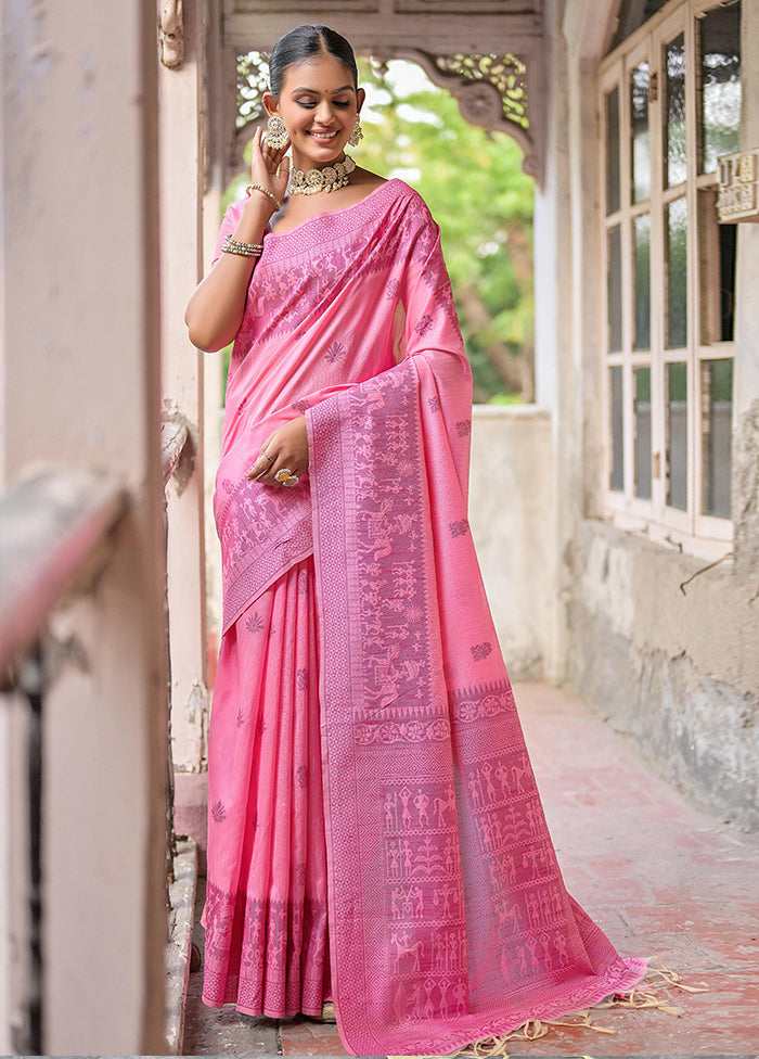 Pink Spun Silk Saree With Blouse Piece