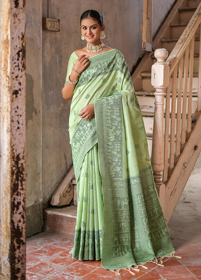 Pista Green Spun Silk Saree With Blouse Piece