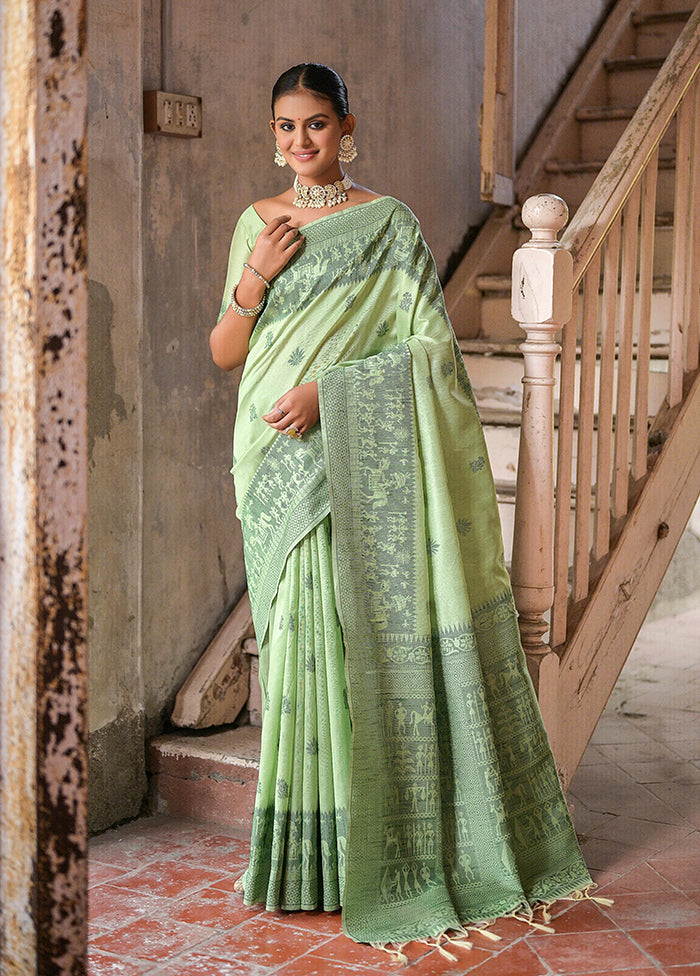 Pista Green Spun Silk Saree With Blouse Piece