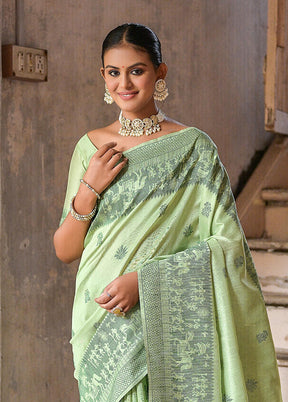 Pista Green Spun Silk Saree With Blouse Piece