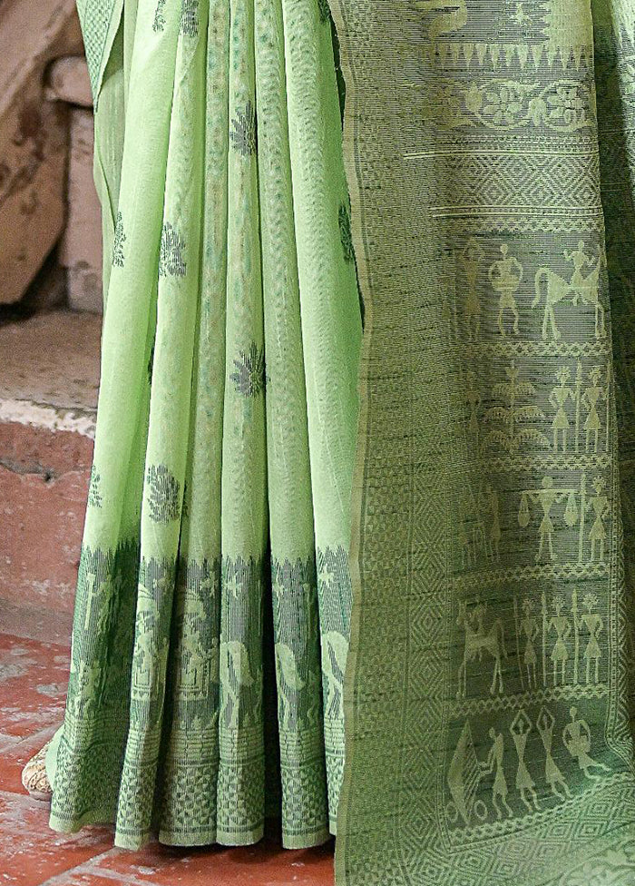 Pista Green Spun Silk Saree With Blouse Piece