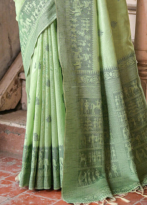 Pista Green Spun Silk Saree With Blouse Piece