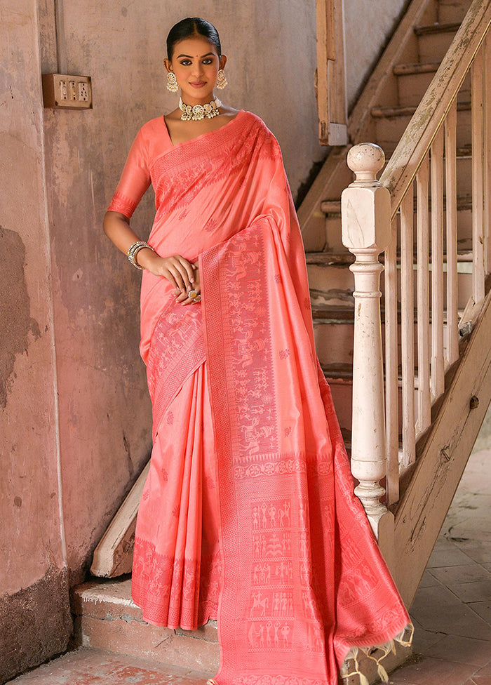 Coral Spun Silk Saree With Blouse Piece